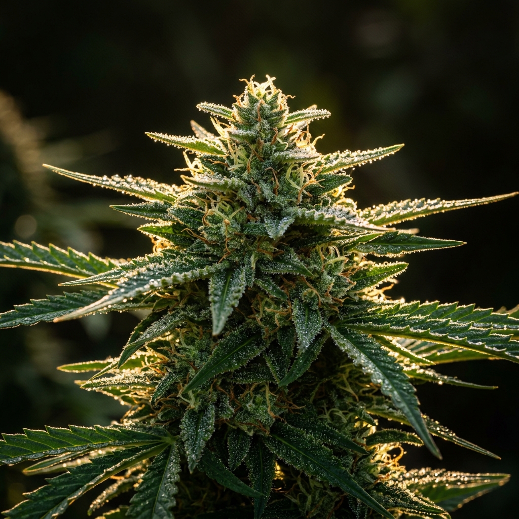 A single cannabis cola backlit by golden equatorial sunlight, trichomes glistening like crystals