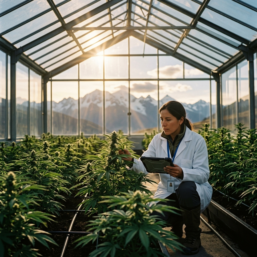An agronomist inspecting cannabis plants inside a high-altitude Andean greenhouse, snow-capped peaks visible through the glass